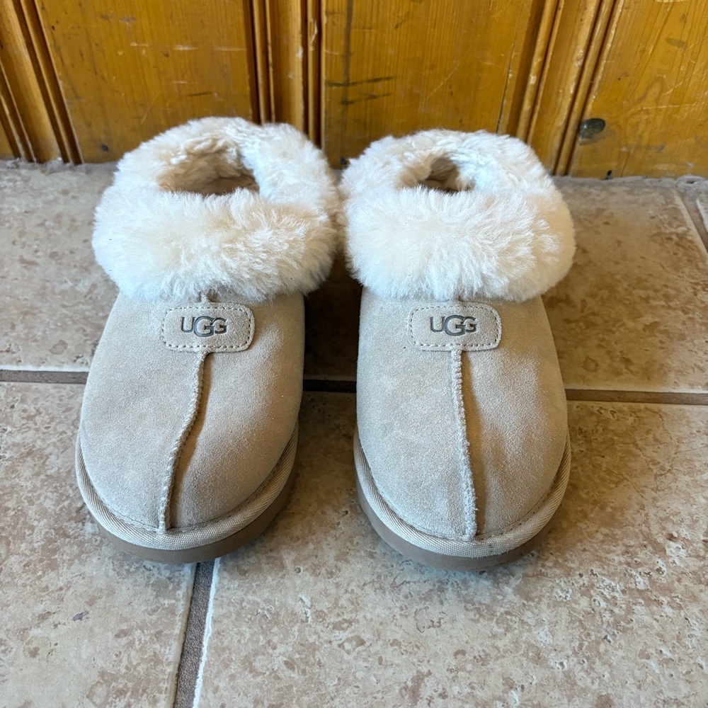 UGG WOMEN'S TAZZETTE SUEDE SHEARLING SLIP ON SLIPPERS TAN SZ 6